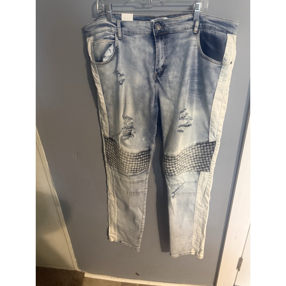 Embellish‎ Mens Moto Biker Denim Skinny Jeans 40 Distressed Blue Paint NWT